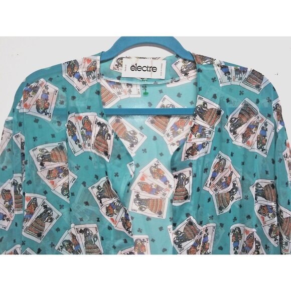 VTG Electre PARIS Duster Top One Size Turquoise Playing cards print Open front - Picture 3 of 9